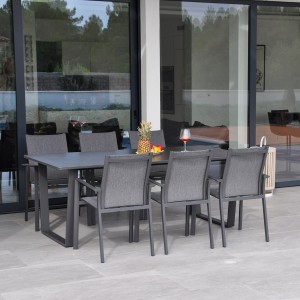 Lola Gartenmöbel-Set Jazz Alu  7-tlg. mit Kufentisch Edelstahl dark grey pulverbeschichtet Keramikplatte 200x100cm