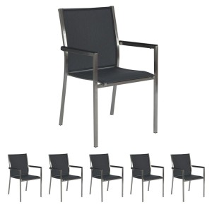 6x Stern Stapelsessel Polaris, Edelstahl mit Textilenbezug silbergrau und Aluminiumarmlehnen schwarz