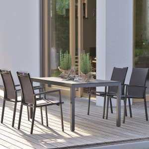 Stern 4x Stapelsessel New Levanto Textilen karbon und Tischgestell 160x90 cm, anthrazit mit Tischplatte Dekor Quartz