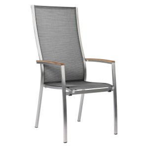 Stern CARDIFF Stapelsessel Edelstahl mit Textilenbezug silbergrau und Teakarmlehnen, extra hohe Rückenlehne